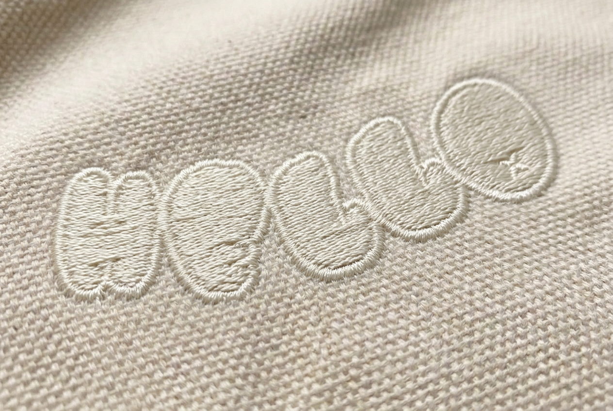 Close-up of the embroidered bubble-letter hello patch on heavyweight cotton